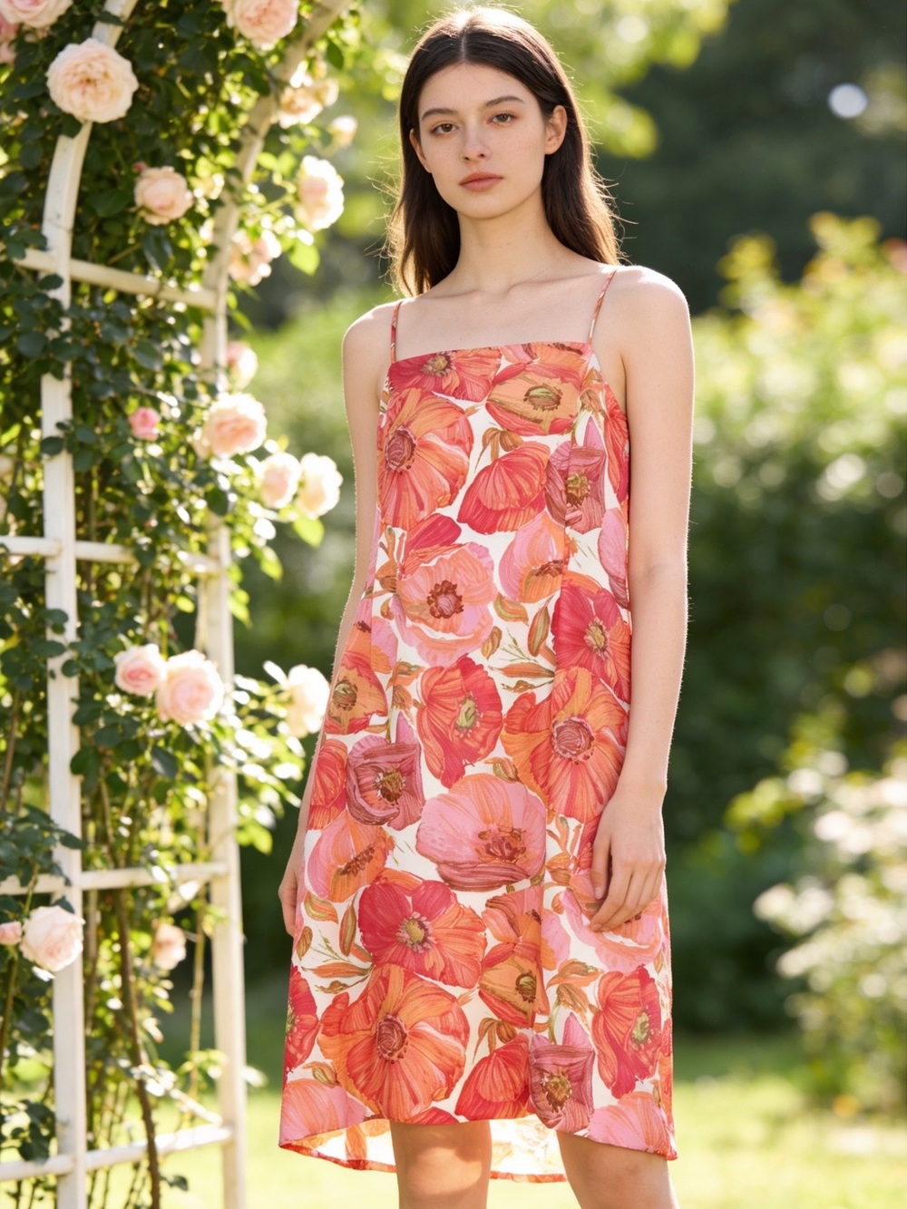 Ann Taylor 100% Silk Floral Slip Dress Midi Spaghetti Strap Pink Orange Size 6